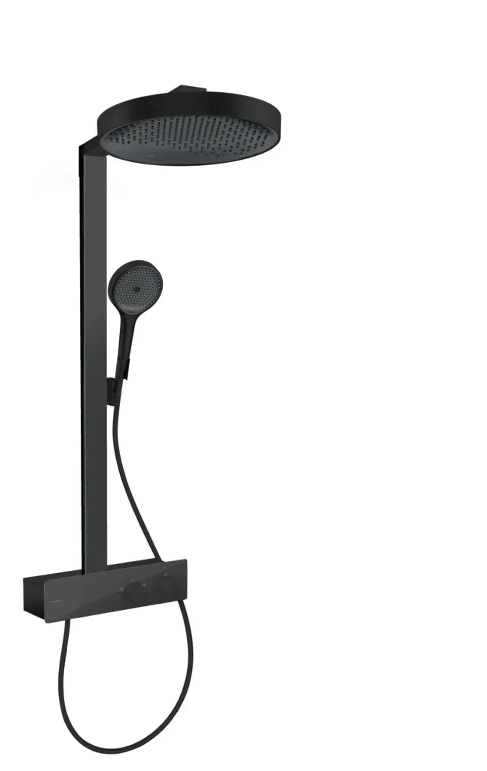 Schwarze hansgrohe Duschsäule mit Regenbrause und Handbrause, integriertem Bedienfeld. Modernes Design, montiert an einer Wand.